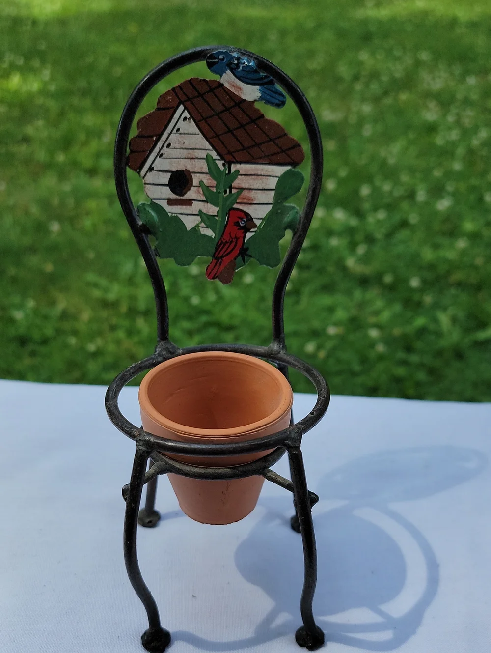 Decorative Iron Mini Chair Planter with Hand-Painted Birdhouse and Cardinal